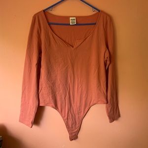 PINK XL Long-Sleeved Thong Bodysuit Coral Color
